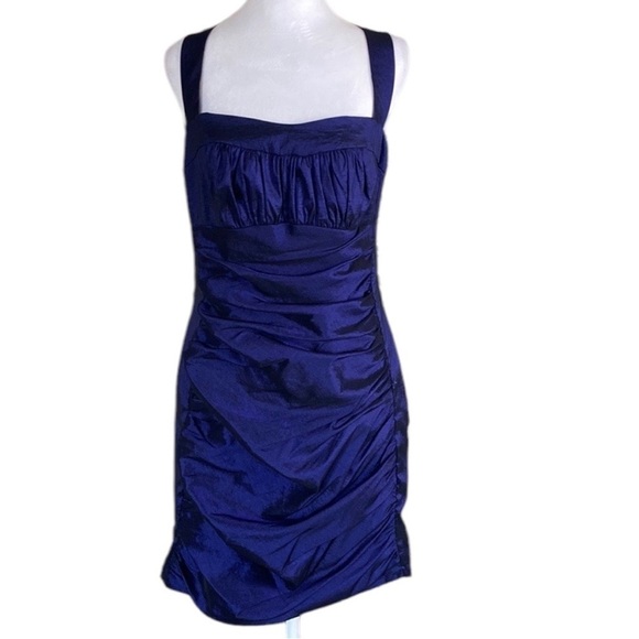 Cache Purple Navy Iridescent Formal Party Cocktail Ruched Pleated Mini Dress 12 - Picture 1 of 9